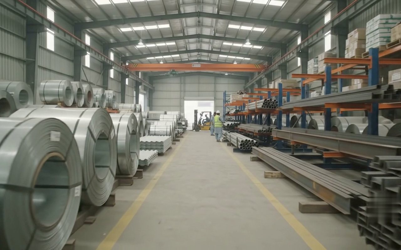 Coil, sheet and long sections racked along the aisle