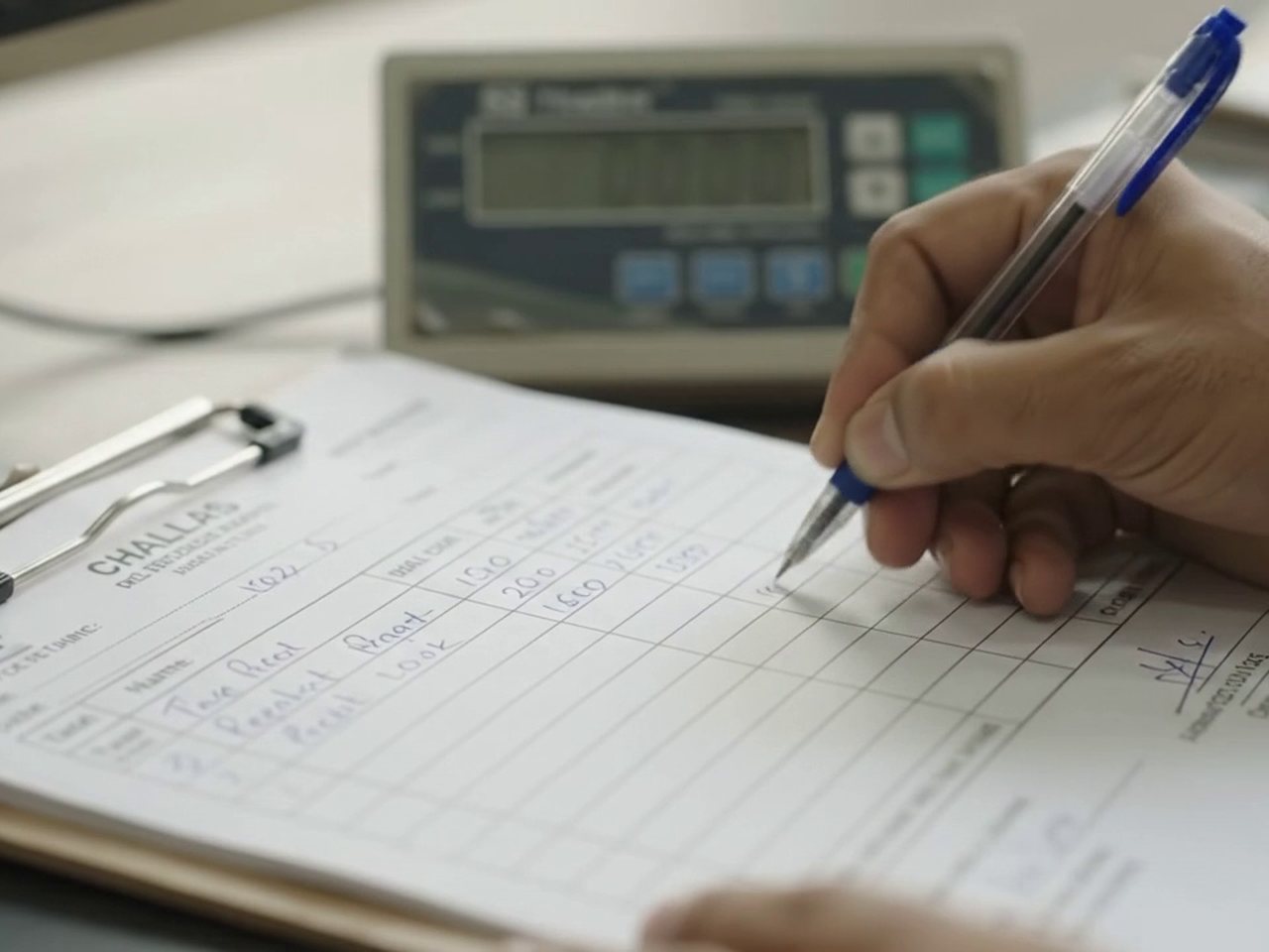 A challan being written beside the weighbridge display