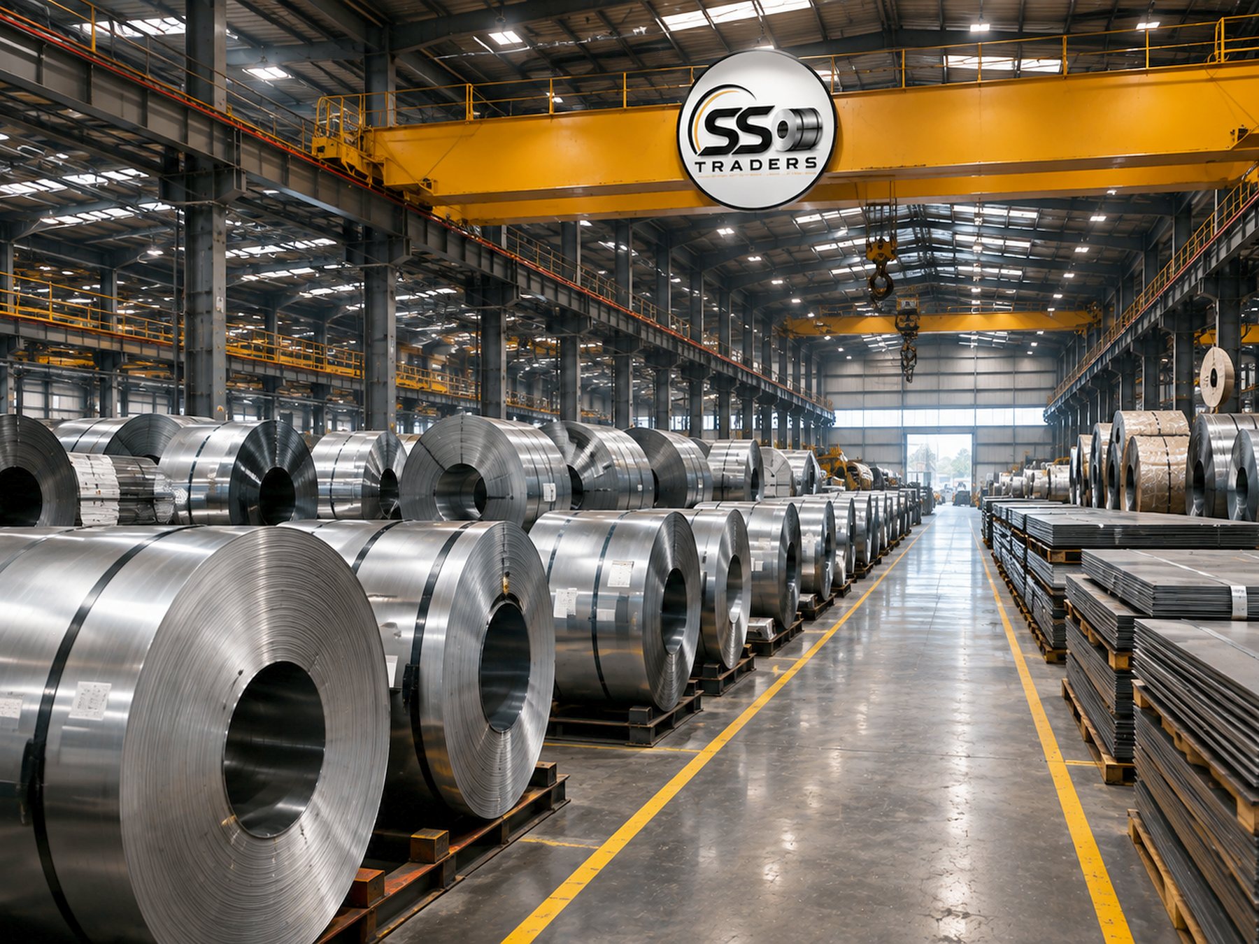 Hot rolled and cold rolled coil stacked beside cut sheet on the SS Traders floor