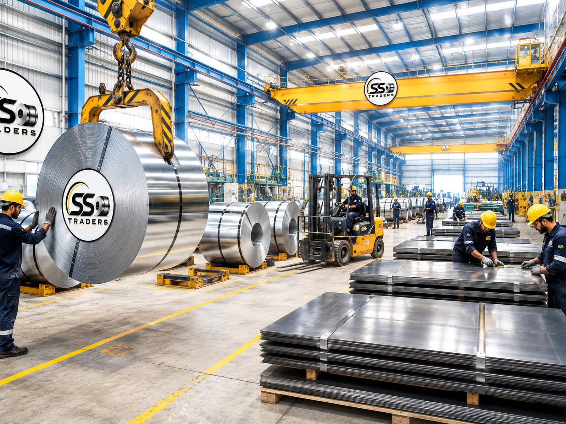 Workers checking and measuring stacked steel sheet