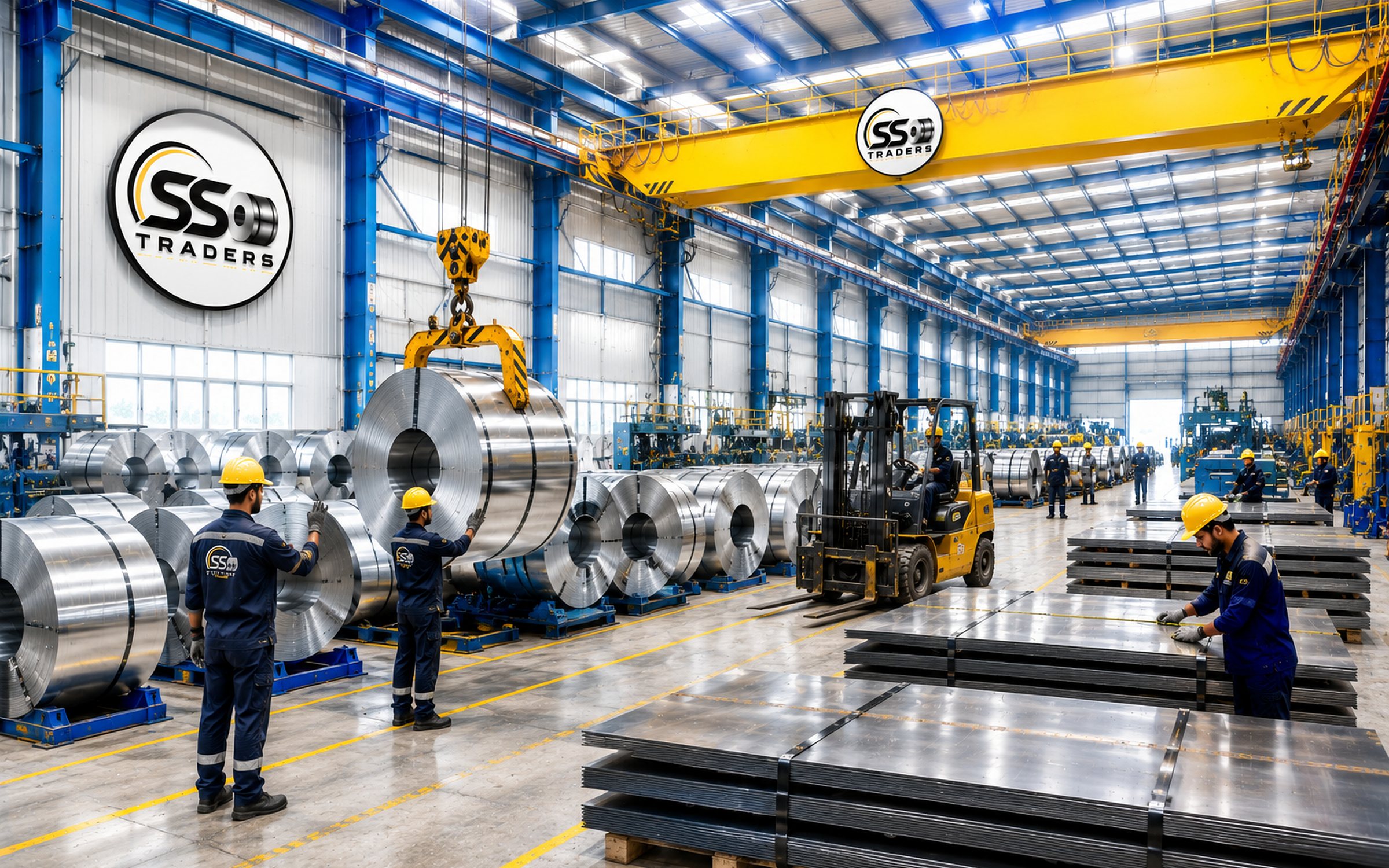 The SS Traders hall: coil slung from the crane, sheet stacked and checked, forklift working
