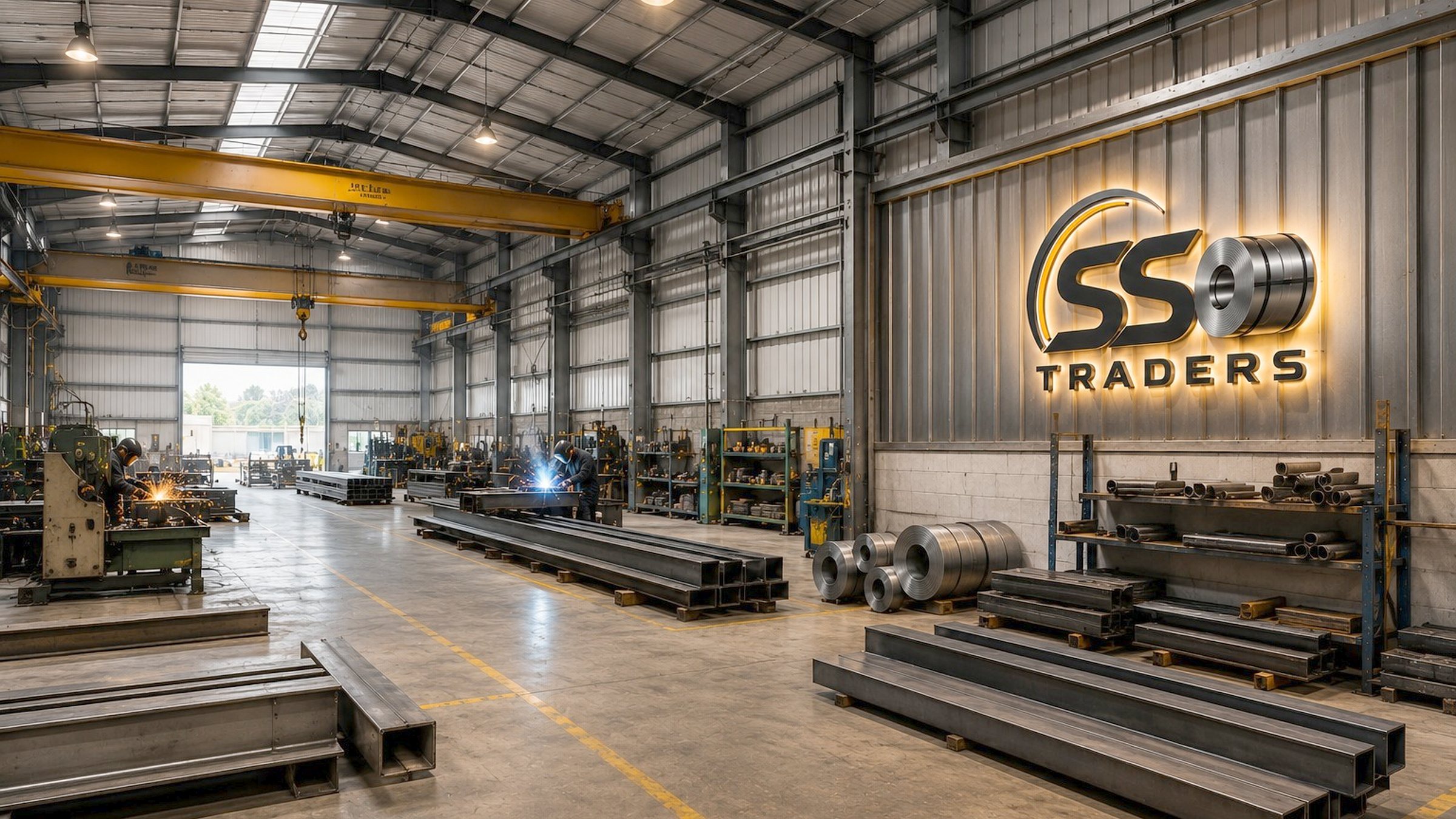 The SS Traders floor in Karachi &mdash; beams, coil and hollow section under the crane, welding in progress